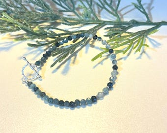 Rich Blue Tourmaline and Sterling Silver Beaded Bracelet, All Natural Gemstones