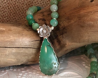 Chrysoprase Teardrop Pendant Necklace: Sterling Silver Beaded Gemstone