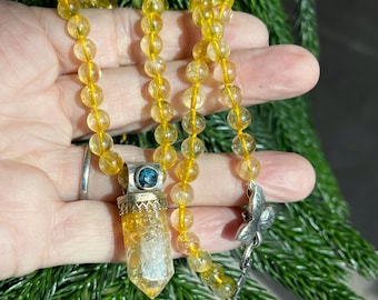 Crystal Point Citrine Pendant set with Teal Moss, Citrine Hand Knotted Beaded Necklace