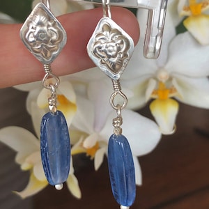 Blue Kyanite and Sterling Silver Earrings, Hand Hammered Sterling Silver Floral Pattern Earrings, Handcrafted