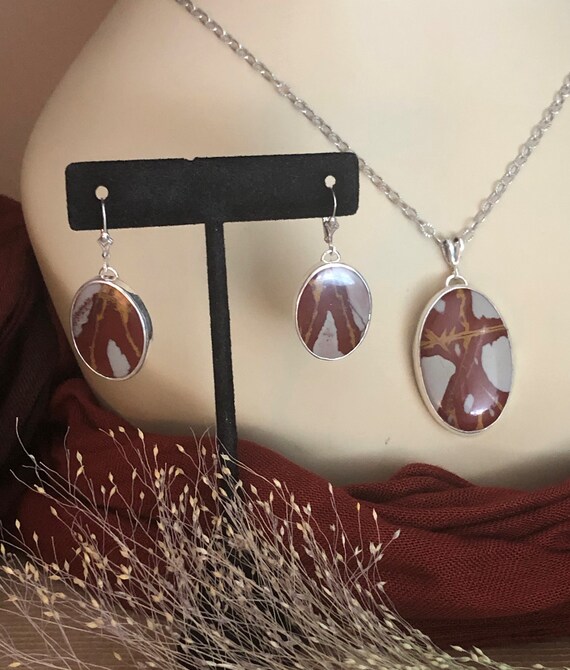 Noreena Jasper Sterling Silver Pendant and Earrings Set - Modern Gemstone Necklace
