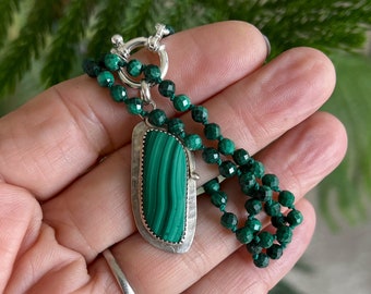 Malachite Beaded Necklace: Malachite and Sterling Silver Pendant, Faceted Green Gemstone