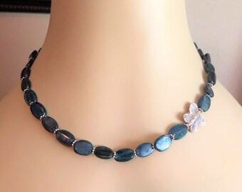 Teal Kyanite Necklace: Sterling Silver Butterfly, Bali Spacers