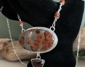 Peanut Obsidian Sterling Silver Pendant Necklace: Carnelian & Jasper Accent