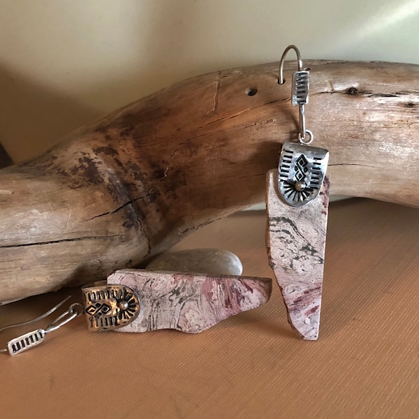 Pink Rhyolite Slab Gemstone Earrings, Unique Hand Stamped Sterling Silver, Dangle Earrings, Natural Gemstone Earrings, Organic Style