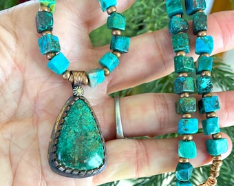 Chrysocolla Teardrop Pendant Necklace: Handcrafted Copper & Beaded Gemstone