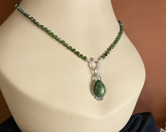 RARE - Rich Green Chrome-Diopside Charm Pendant and Chrome-Diopside Beaded Necklace in Sterling Silver