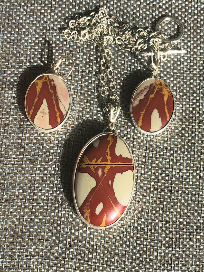 Noreena Jasper Sterling Silver Pendant and Earrings Set - Modern Gemstone Necklace image 2