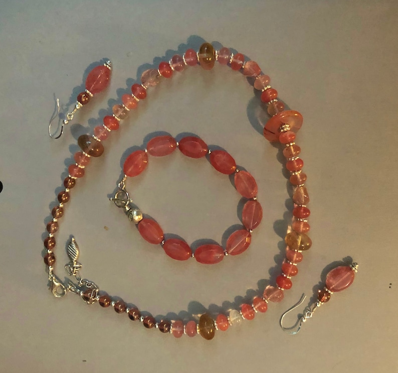 Sterling Spacers Cherry Quartz Necklace Faceted Gemstones Statement Jewelry Pieces Bracelet and Earrings Translucent Pink Complete Set