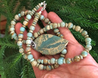 Set ~ Pendant and Earrings - Blue Sea Sediment Imperial Jasper Pendant, Beaded Necklace and Earrings, Natural Gemstones, Everyday Wear