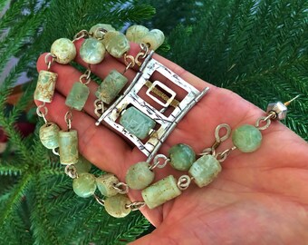 Carved Green Jade Sterling Silver Necklace: Hand Forged Mixed Metal Pendant