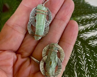 Raw Green Kyanite Earrings, Sterling Silver Setting, Organic Style, Artisan Jewelry