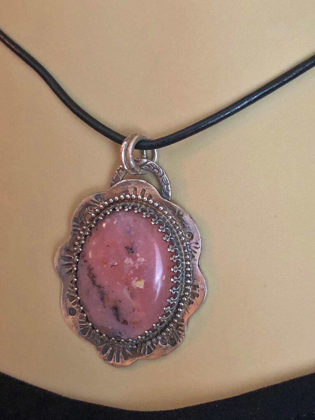 Pink Peruvian Opal Statement Pendant, Hand Stamped Sterling Silver ...