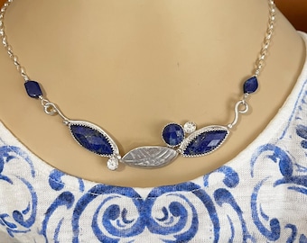Lapis Lazuli Sterling Silver Necklace Earring Set: Art Deco Gemstone Jewelry, Anniversary Gift