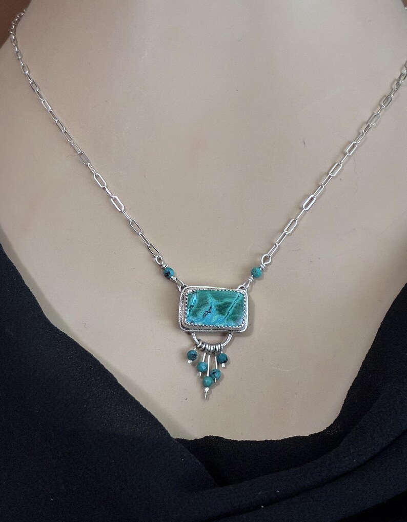 Azurite Malachite Pendant, 925 Sterling Silver Chain Necklace, Turquoise Dangles image 2