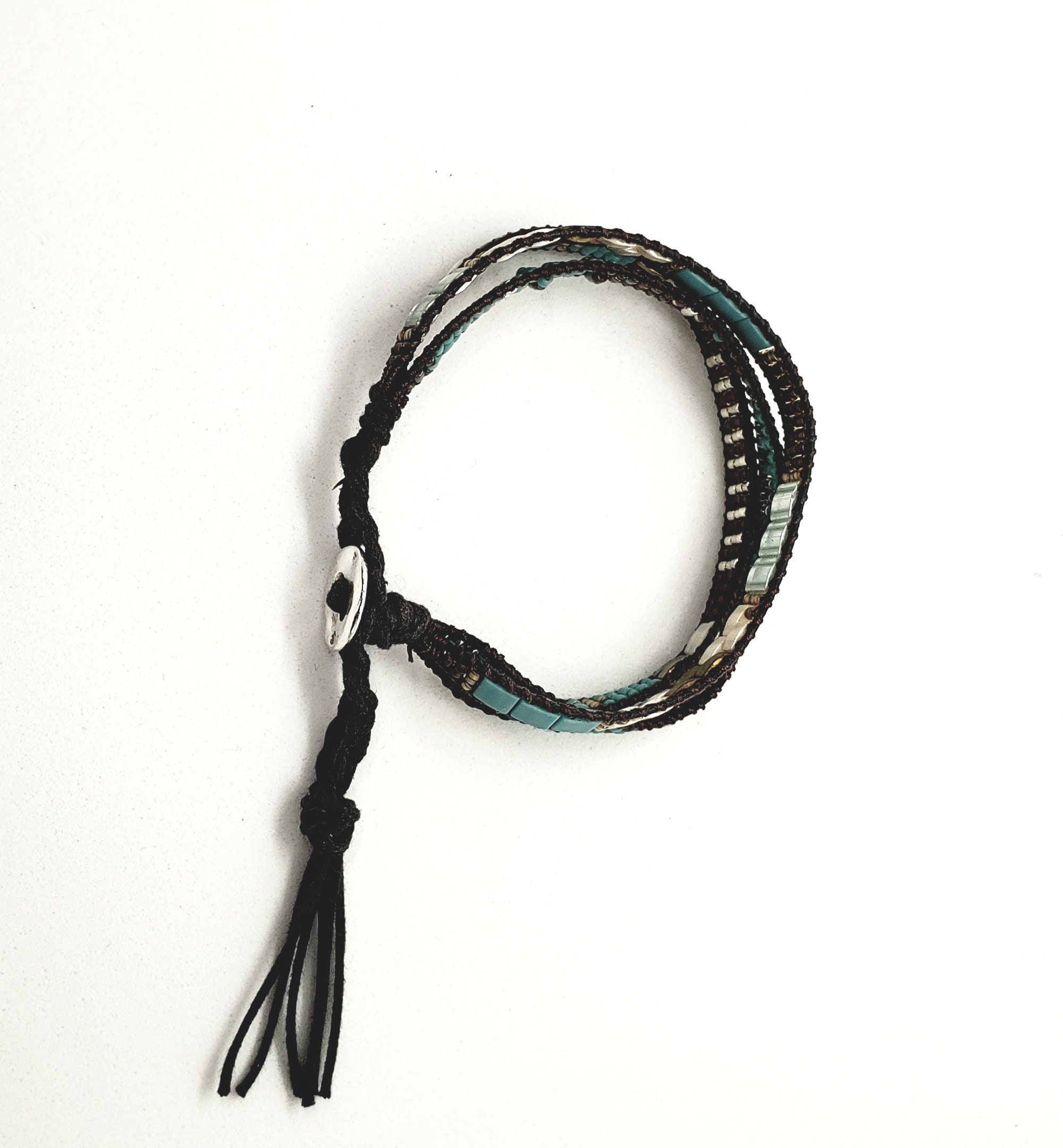 Triple Strand Beaded Cuff Bracelet in Blues and Browns Etsy