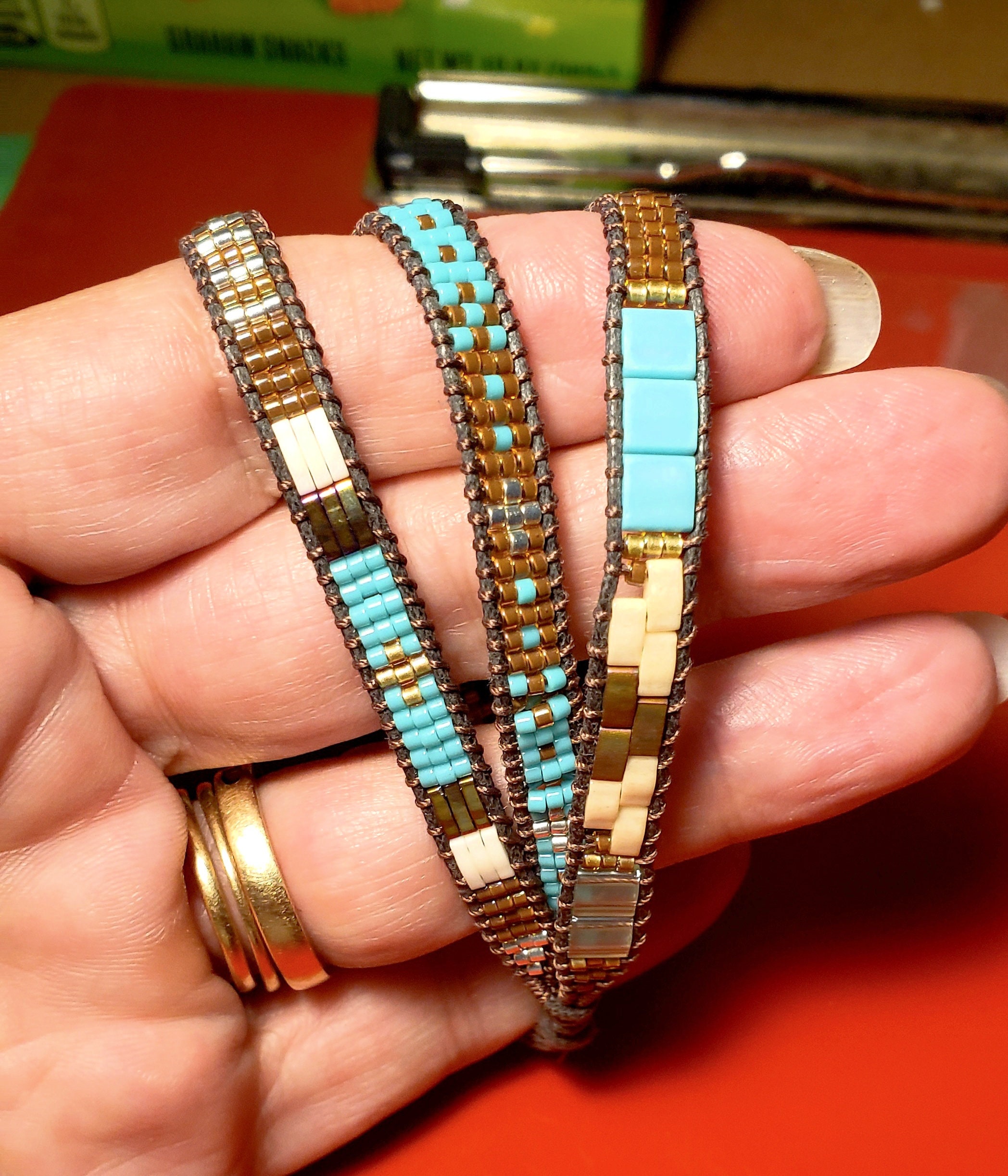 Triple Strand Beaded Cuff Bracelet in Blues and Browns Etsy