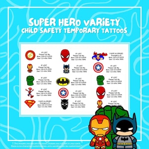 Super Hero Multi-Pack Child Safety Temporary Tattoos / If Lost Call ID Stickers / Custom Phone Number Tattoos / Kids Disney Trip Essentials