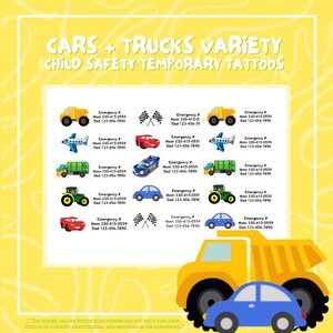 Truck & Car Multi-Pack Child Safety Temporary Tattoos / If Lost Call ID Stickers / Custom Phone Number Tattoos / Kids Disney Trip Essentials