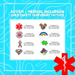 Tatuaggio temporaneo per la consapevolezza dell'autismo / Non verbale / Autistico / Discorso limitato / In caso di smarrimento chiamare / Sicurezza dei bambini / Tatuaggi con numeri di telefono /
