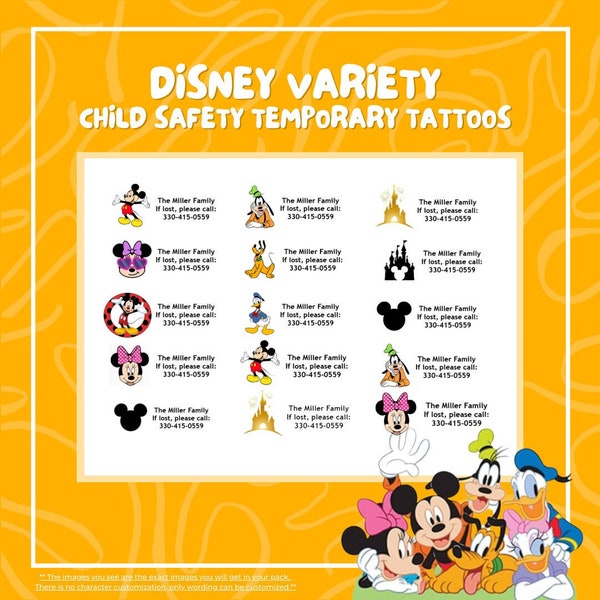 Disney Multi-Pack Tatuajes temporales de seguridad infantil / Si se pierde llamada / Tatuaje temporal / Seguridad para niños / Si se encuentra llamada / Disney / Paquete variado