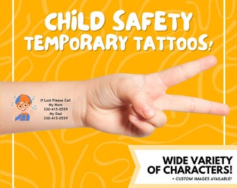 Child Safety Temporary Tattoos / If Lost Please Call / Temporary Tattoos / Kids Safety / If Found Call / Disney / Vacation / Safety / BLUEY