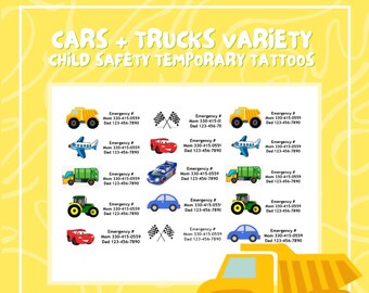 Truck & Car Multi-Pack Child Safety Temporary Tattoos / If Lost Call ID Stickers / Custom Phone Number Tattoos / Kids Disney Trip Essentials