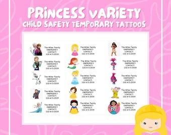 Princess Multi-Pack Child Safety Temporary Tattoos / If Lost Call ID Stickers / Custom Phone Number Tattoos / Kids Disney Trip Essentials
