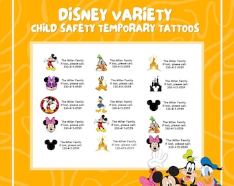 Disney Multi-Pack Tatuajes temporales de seguridad infantil / Si se pierde llamada / Tatuaje temporal / Seguridad para niños / Si se encuentra llamada / Disney / Paquete variado