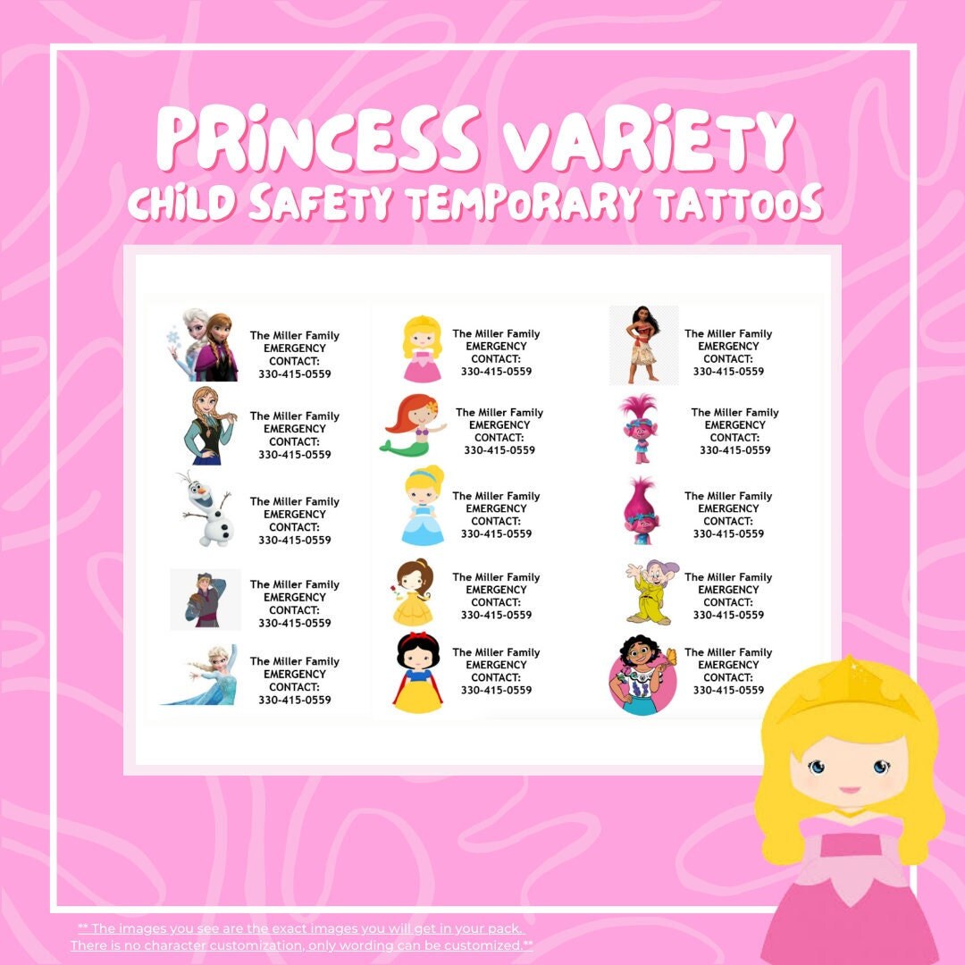 Princess Multipack Child Safety Temporary Tattoos / If Lost Call