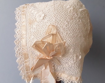 Antique baby bonnet, Irish crochet lace, Dolls bonnet