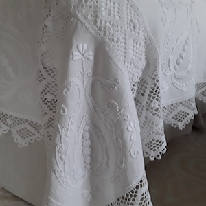 Vintage hand embroidered Irish linen bedspread  Hand crocheted lace