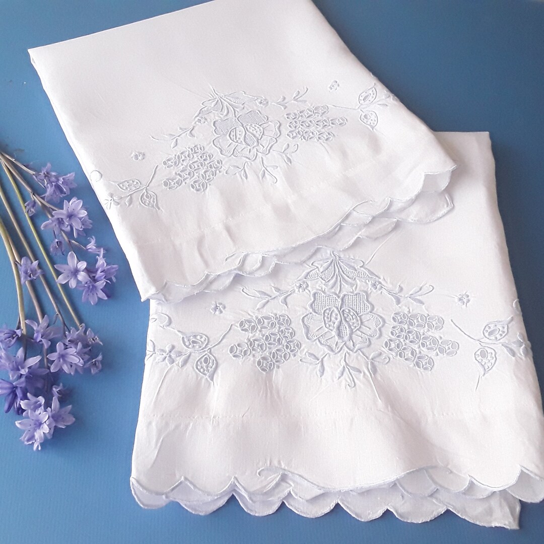 A Pair of Vintage Hand Embroidered Linen Pillowcases / Pale Etsy