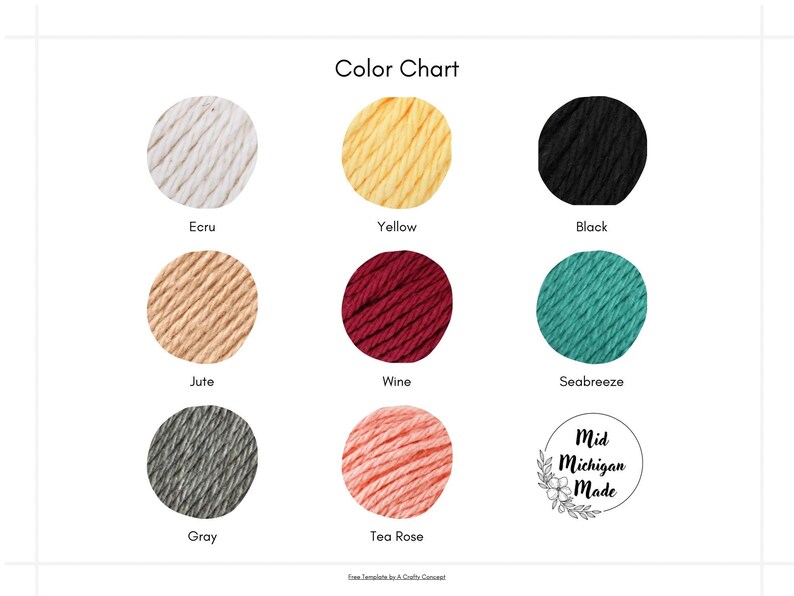 Puede incluir: Carta de colores que muestra muestras de hilo en varios colores, incluyendo crudo, amarillo, negro, yute, gris, vino, brisa marina y rosa t&eacute;. La carta tambi&eacute;n incluye el texto "Mid Michigan Made".