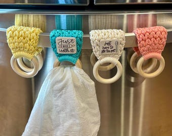 Crochet Kitchen Towel Holder with Wooden Ring: Handmade Cotton Topper