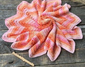 Handmade Crochet Star Baby Blanket: Pink Orange Dahlia Afghan
