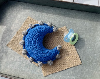 Boho Moon Baby Rattle: Blue & Grey Celestial Toy