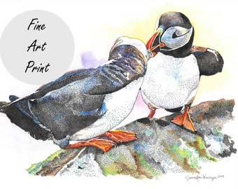 PRINT "Atlantic Courtship" Puffins Watercolor and Ink (8x10 print)
