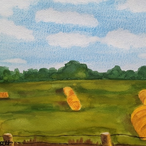 Hay bales painting Landscape painting Countryside painting Original watercolor painting Free shipping US