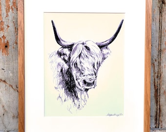 11x14 Charcoal Highland Cow Drawing