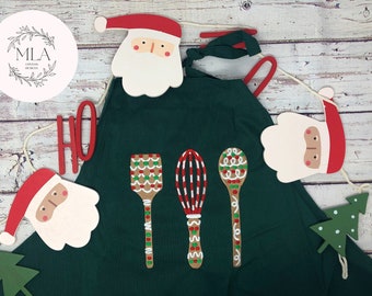 Embroidered Cooking Apron, Embroidered Christmas Apron, Dark Green Apron, Gift for Grandma, Christmas Gift, Cooking Utensils, Holiday Gift