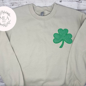 Embroidered St. Patricks Day Sweatshirt, Women&#39;s Crewneck, Four Leaf Clover Sweater, Lucky Sweater, Long Sleeved Shirt, St. Paddy&#39;s Day