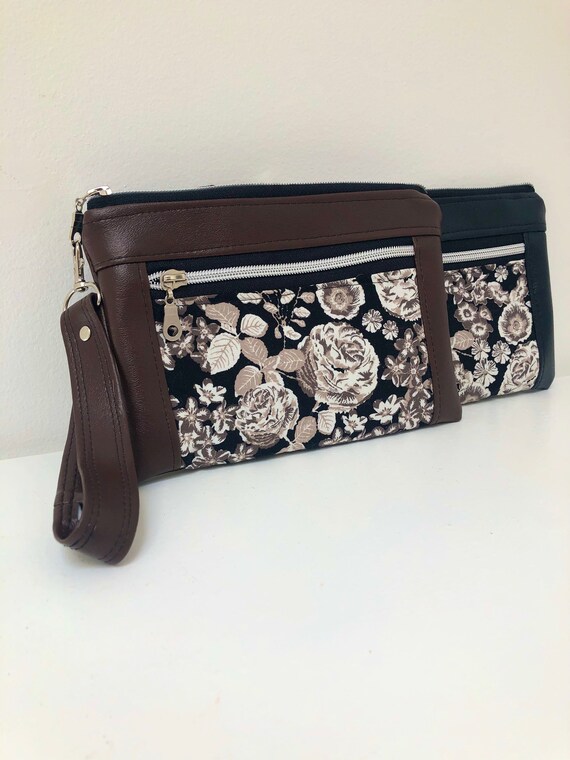 Brown Floral Wristlet Black Wristlet With Flowers Zipper | Etsy