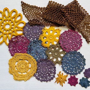 DOILY Set of 15 LACE COTTON Vintage Hand Dyed Color Crocheted Doilies Plus 1 Bonus Pieces Of Doily Edging Free
