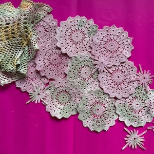 DOILY Set of 15 LACE COTTON Vintage Hand Dyed Color Crocheted Doily Medallions Bonus Lace Edging