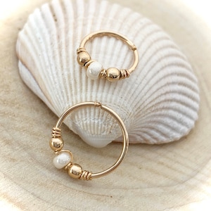 Gold cartilage hoop earring for upper ear piercings, Beaded nose ring helix conch jewelry gift