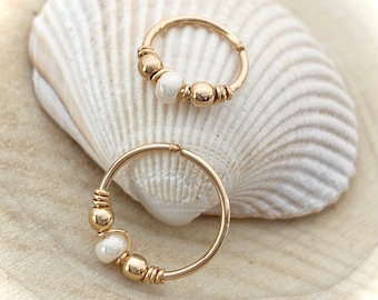 Gold cartilage hoop earring for upper ear piercings, Beaded nose ring helix conch jewelry gift