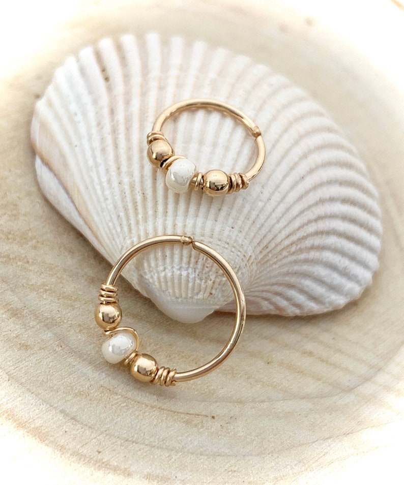 Gold cartilage hoop earring for upper ear piercings, Beaded nose ring helix conch jewelry gift 