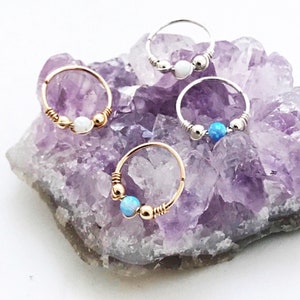Upper ear cartilage hoop earring, Opal helix ring, Synthetic fire opal, Sterling silver or 14k gold filled