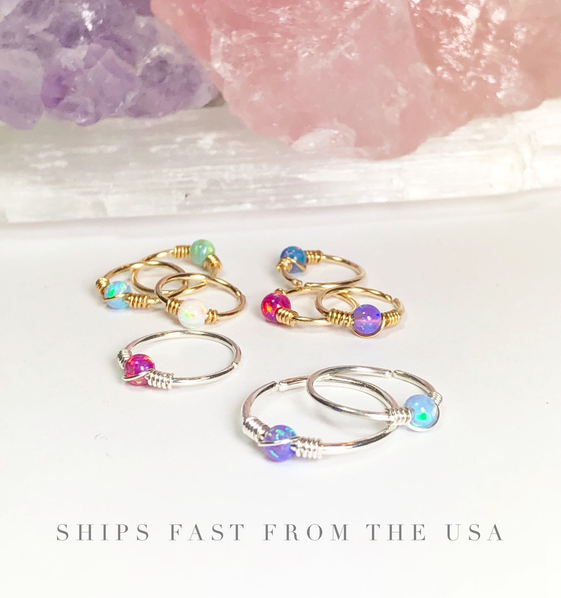 Created fire opal helix hoop, Sterling silver or gold cartilage earring, Conch, tragus, nose ring piercing jewelry, Gift for girlfriend